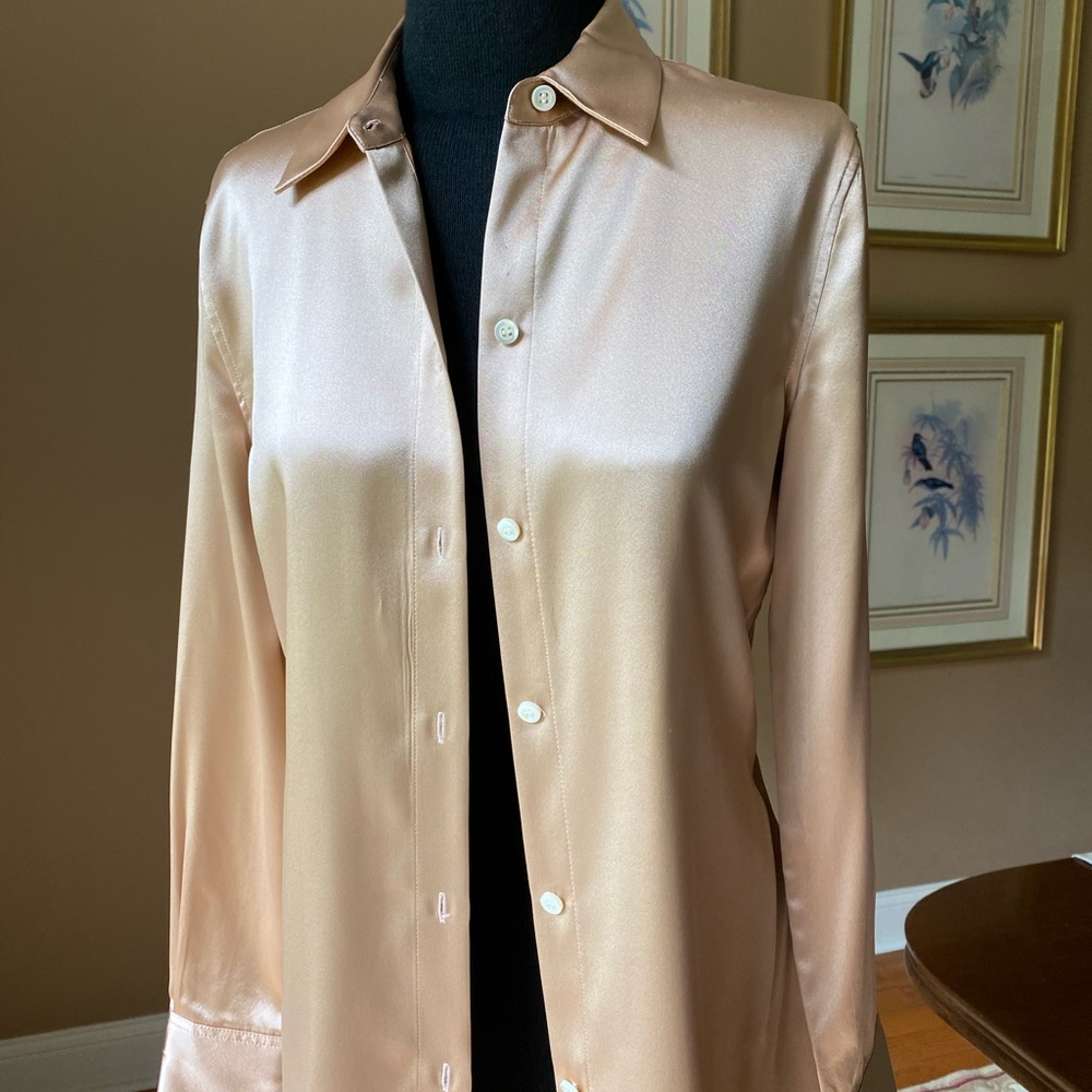 Theory blush colored silk tailored blouse